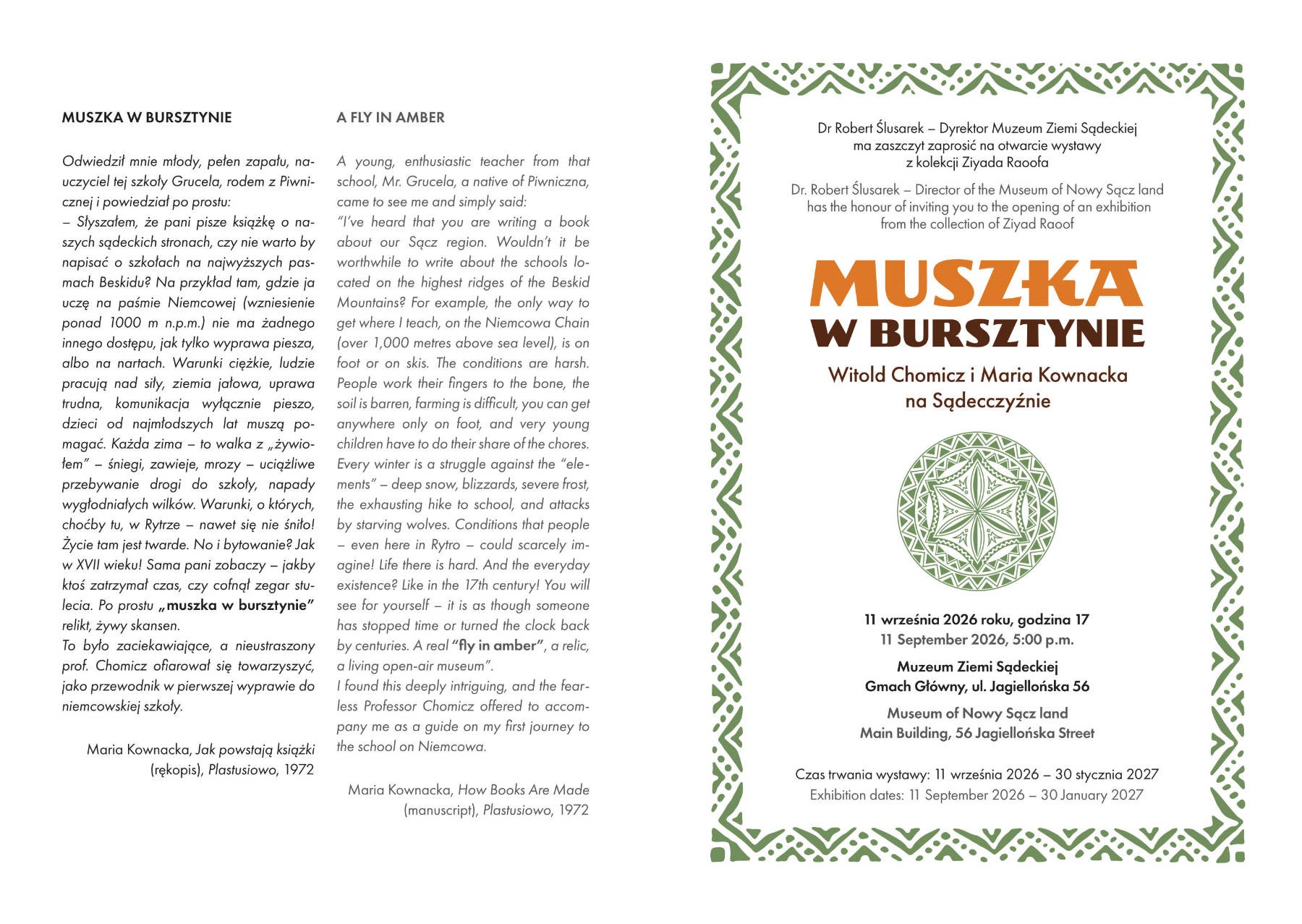 obraz z zaproszeniem na wernisaż wystawy "Muszka w bursztynie. Witold Chomicz i Maria Kownacka na Sądecczyźnie" zaproszenie na wernisaż wystawy "Muszka w bursztynie. Witold Chomicz i Maria Kownacka na Sądecczyźnie"