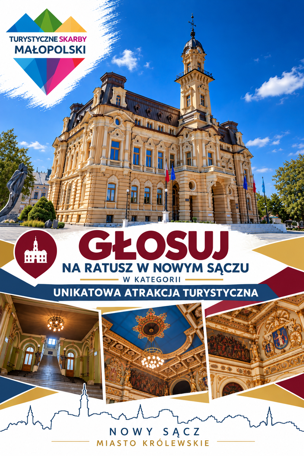 plakat zachęcający do głosowania na Ratusz w Konkursie Turystyczne Skarby Małopolski plakat zachęcający do głosowania na Ratusz w Konkursie Turystyczne Skarby Małopolski