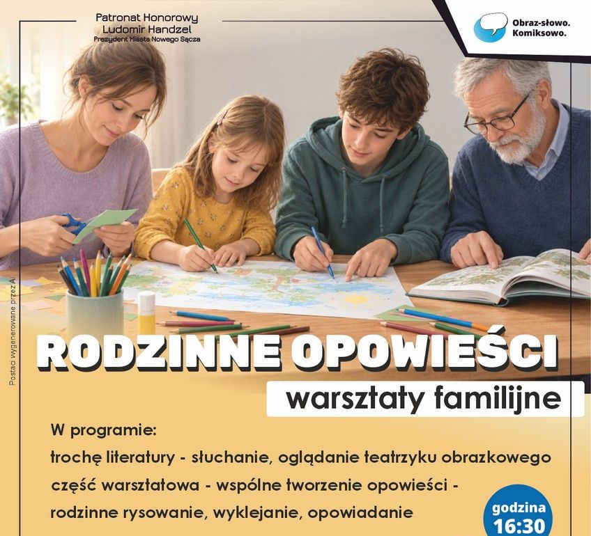 plakat warsztatów familijnych "Rodzinne opowieści"