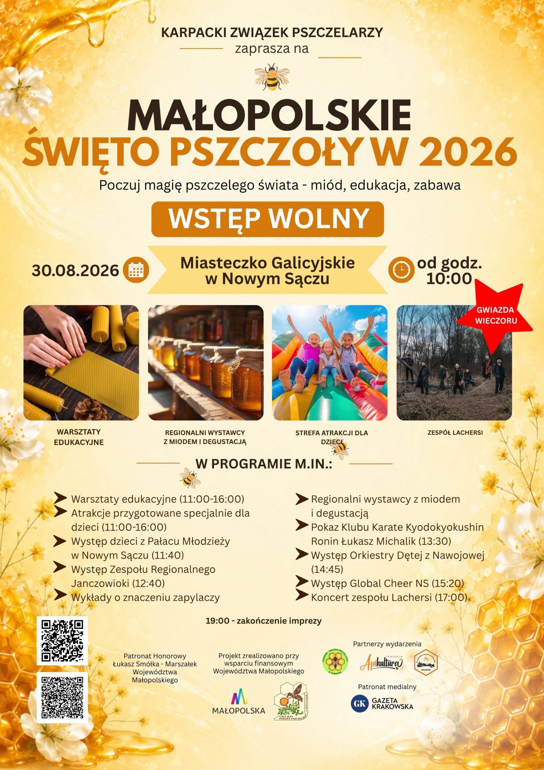 Plakat wydarzenia Małopolskie Święto Pszczoły w 2026 plakat wydarzenia Małopolskie Święto Pszczoły w 2026
