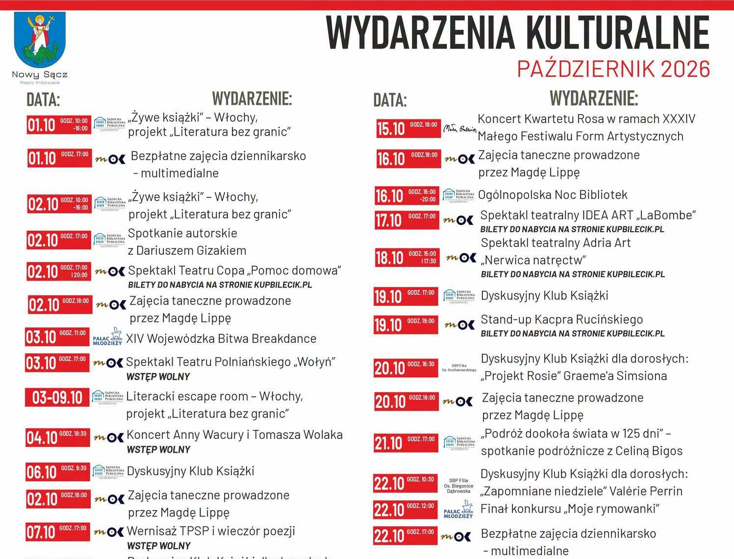 kalendarz wydarzeń kulturalnych październik 2026