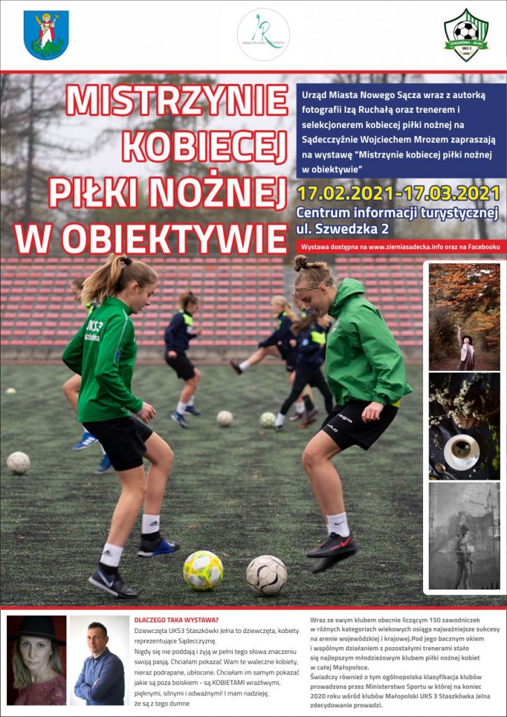 Plakat opatrzony zdjęciem kobiet grających w piłkę