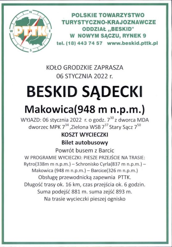 Plakat wycieczki PTTK - Beskid Sądecki