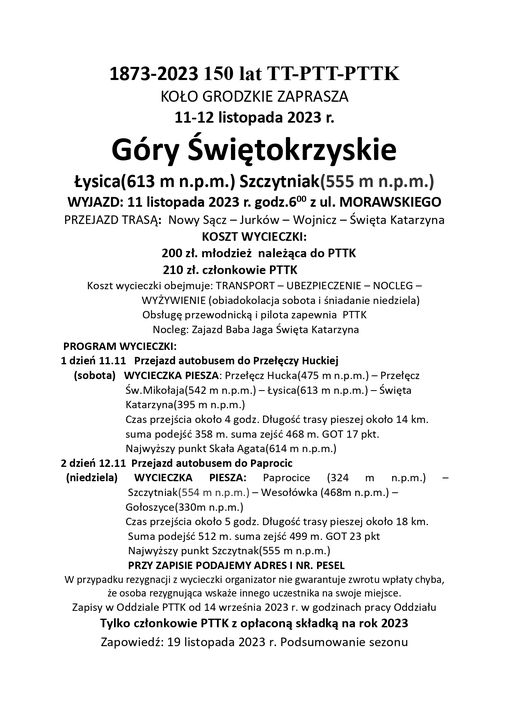 Góry Świętokrzyskie (Łysica, Szczytniak) 11-12 listopada 2023 r.