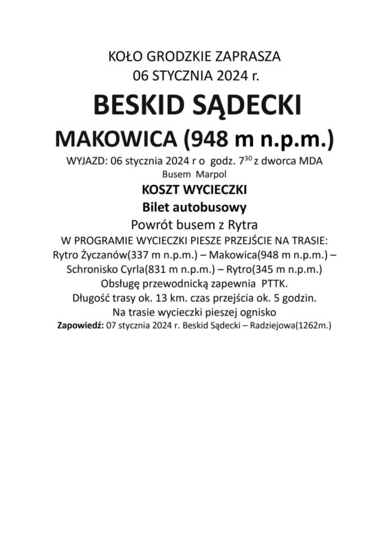 wycieczka Beskid Sądecki (Makowica), 6 stycznia 2024 r.