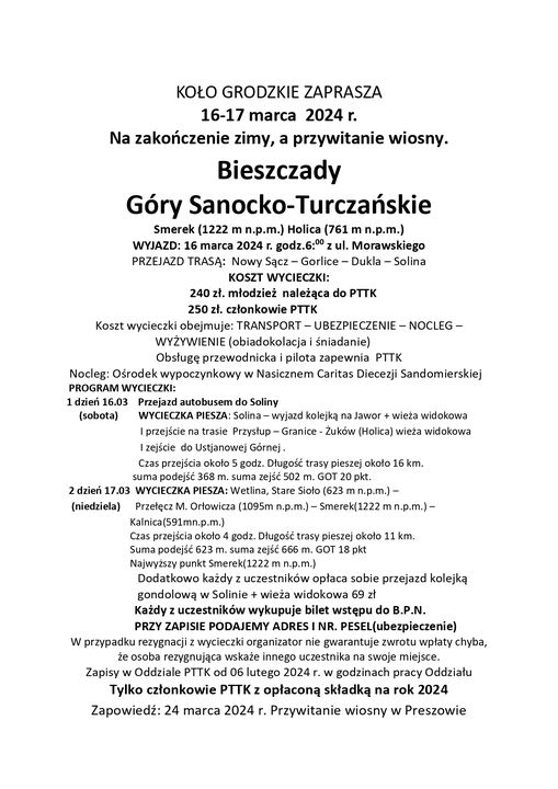 Bieszczady, Góry Sanocko-Turczańskie, 16-17 marca 2024 r.