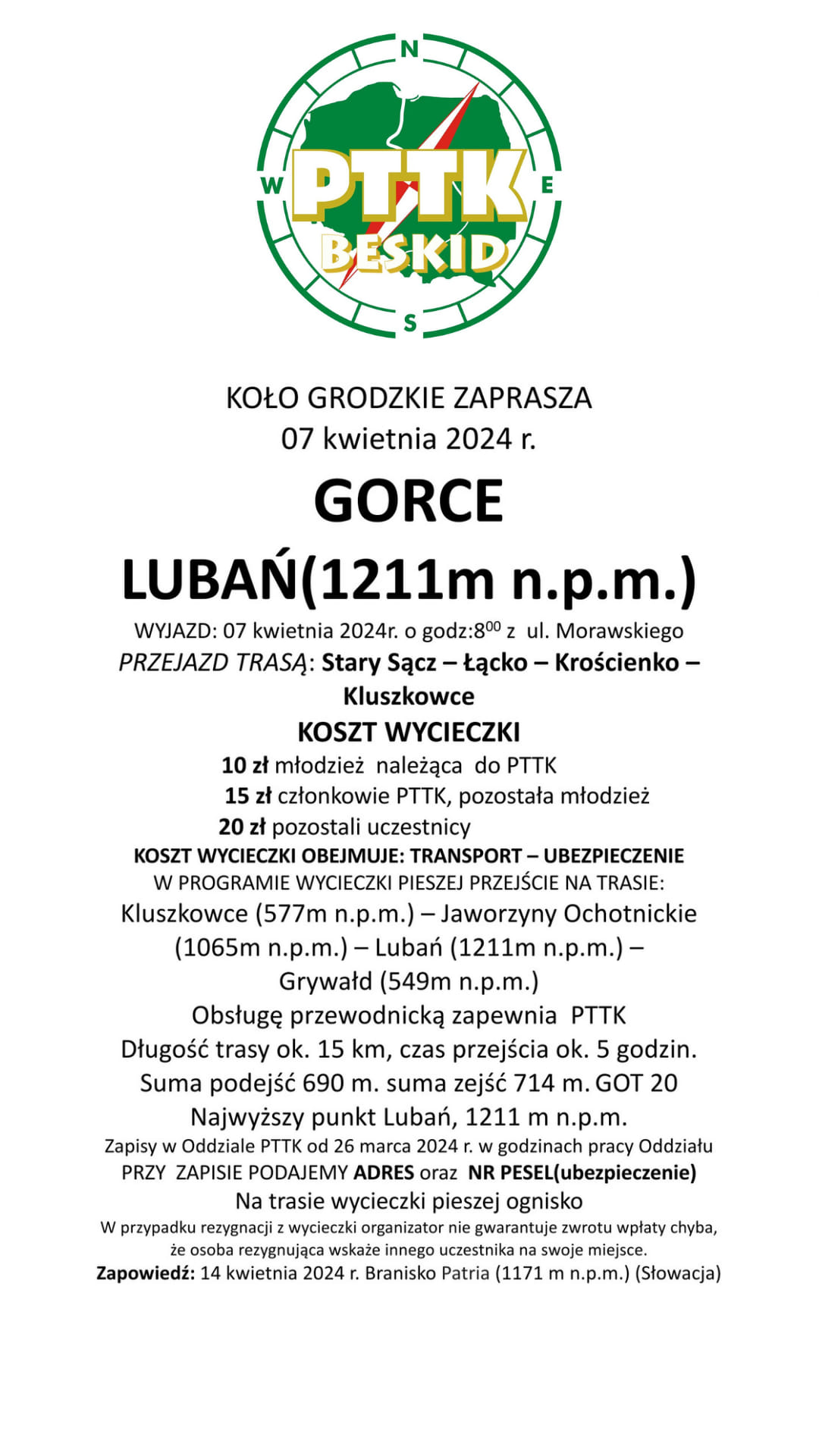 Wycieczka Gorce (Lubań), 7 kwietnia 2024 r.