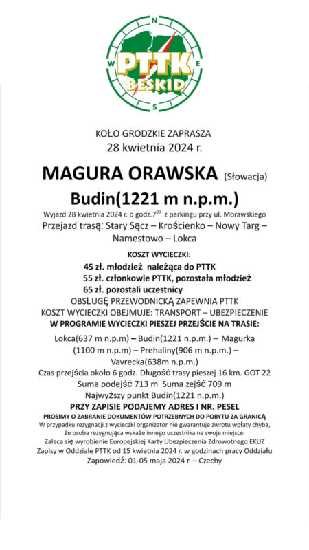 Wycieczka: Magura Orawska (Słowacja) Budin, 28 kwietnia 2024 r.