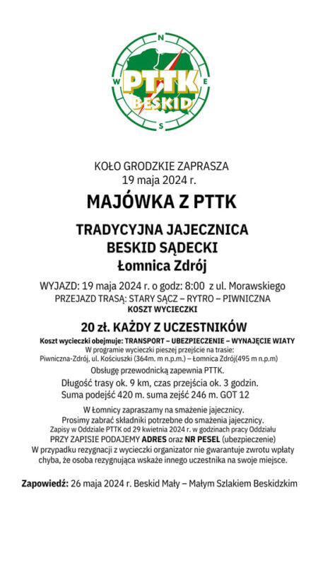 Majówka z PTTK, tradycyjna jajecznica, Beskid Sądecki, Łomnica-Zdrój, 19 maja 2024 r.