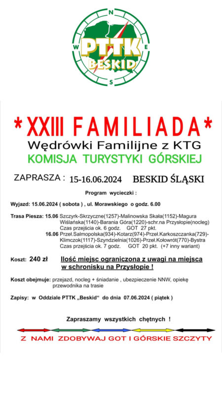 XXIII Familiada, Wędrówki Familijne z KTG, Beskid Śląski, 15-16 czerwca 2024 r.