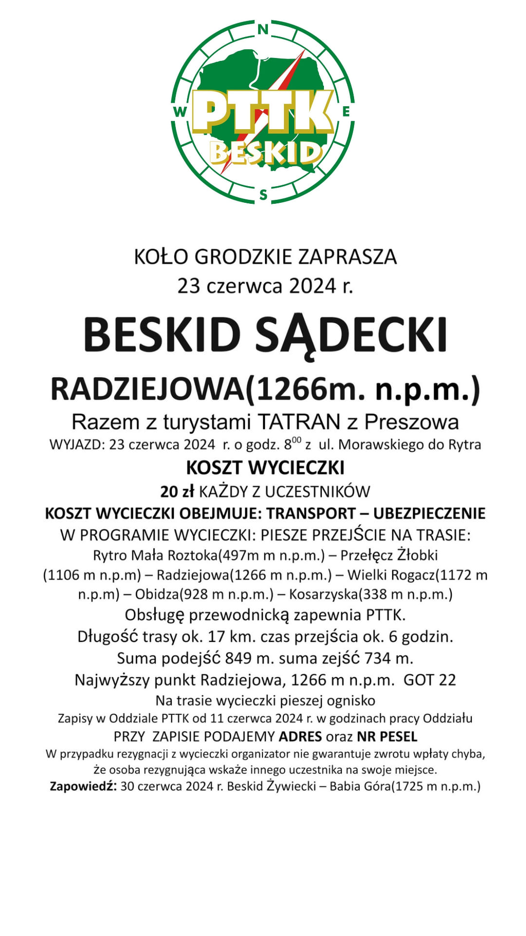 Wycieczka, Beskid Sądecki, Radziejowa, 23 czerwca 2024 r.