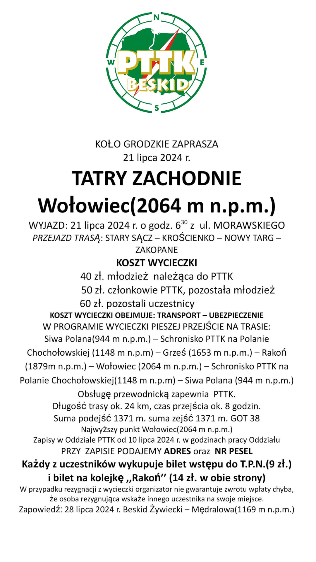 Wycieczka Tatry Zachodnie, Wołowiec, 21 lipca 2024 r.