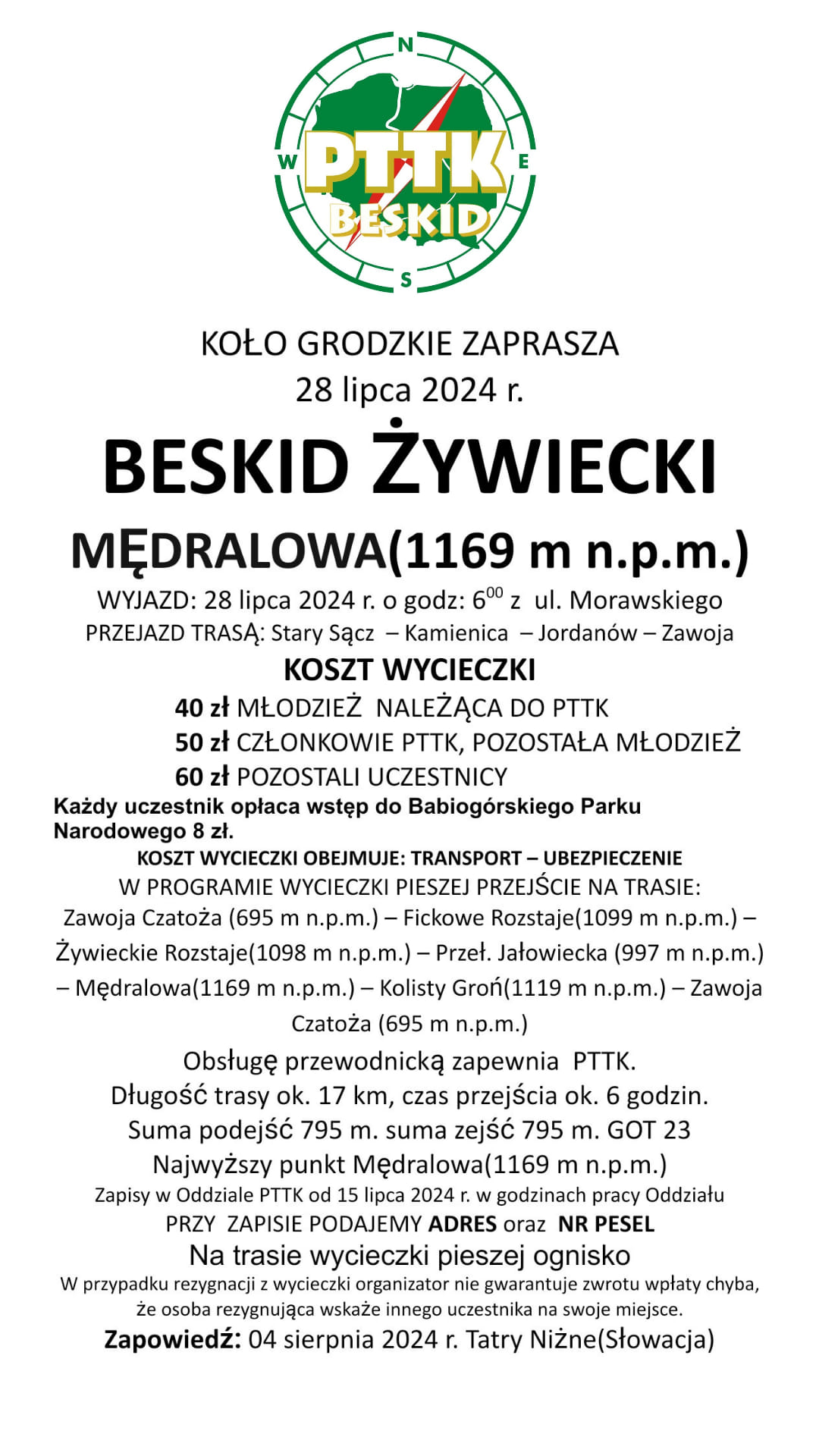 Wycieczka ,Beskid Żywiecki (Mędralowa), 28 lipca 2024 r.