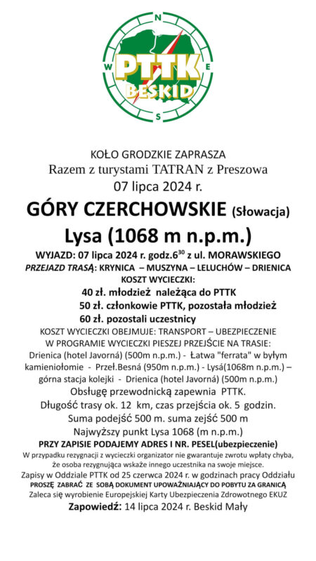 Wycieczka Góry Czerchowskie (Słowacja), Lysa, 7 lipca 2024 r.