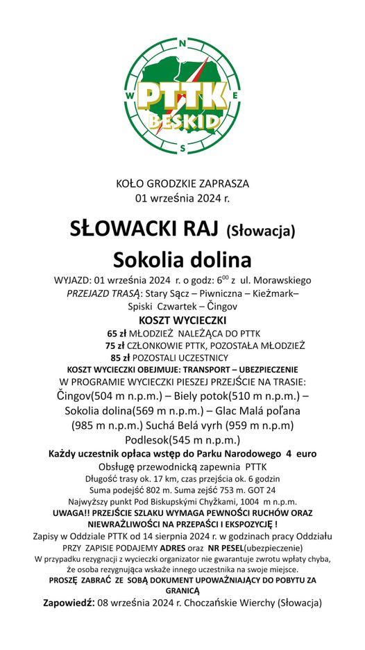 Wycieczka Słowacki Raj (Słowacja), Sokolia dolina, 1 września 2024 r.