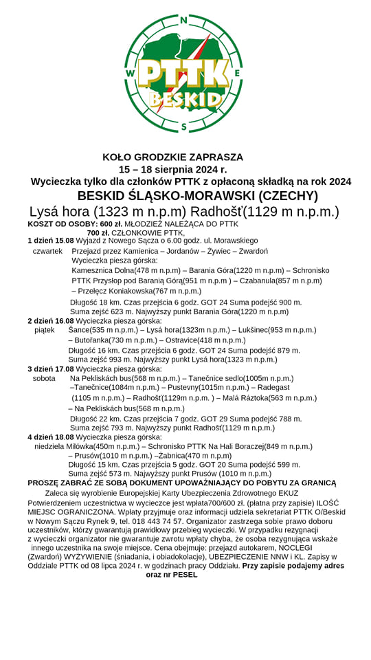 Wycieczka Beskid Śląsko-Morawski (Czechy), 15-18 sierpnia 2024 r.