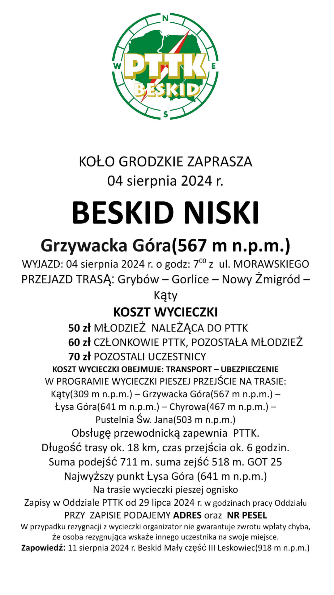 Wycieczka Beskid Niski, Grzywacka Góra, 4 sierpnia 2024 r.