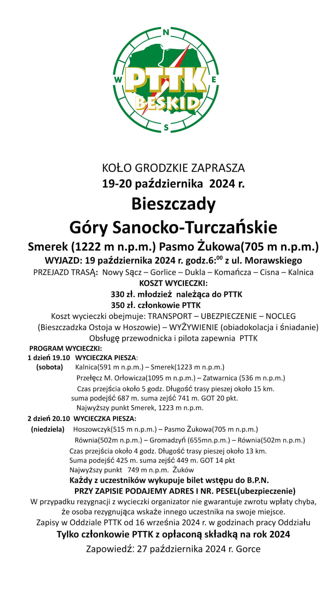 Wycieczka Bieszczady (Góry Sanocko-Turczańskie), 19-20 października 2024 r.