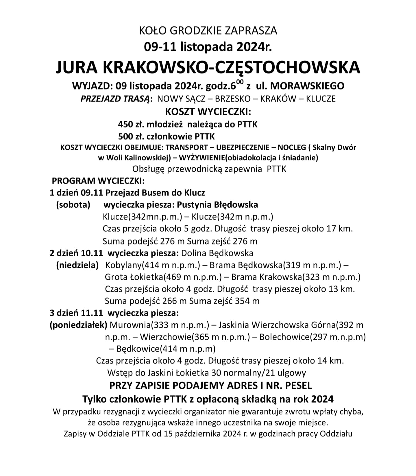 Jura Krakowsko-Częstochowska 09-11 listopada 2024r.