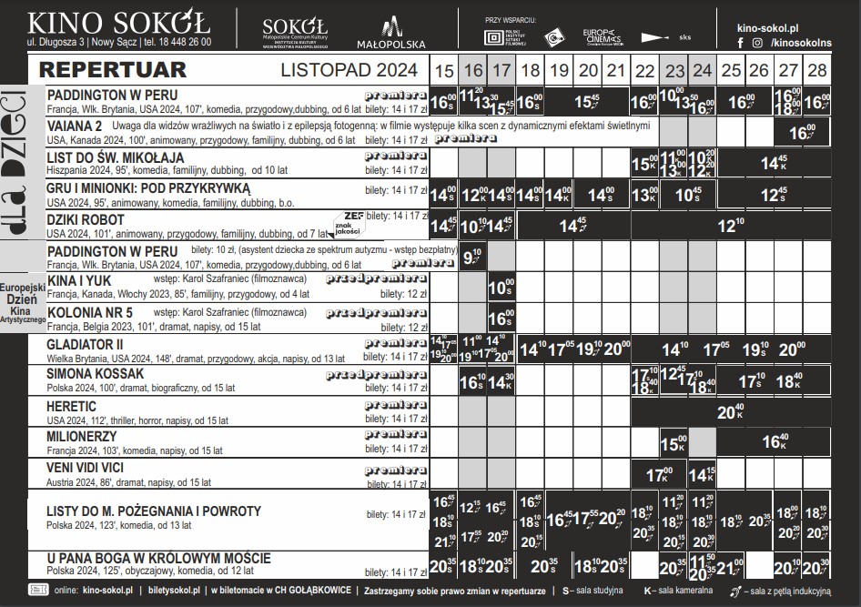 Repertuar kina SOKÓŁ, 15-28 listopada 2024 r.