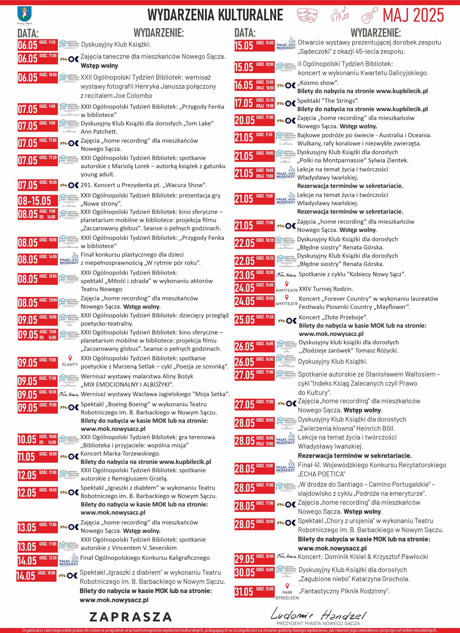 Wydarzenia kulturalne w maju 2025r w Nowym Sączu