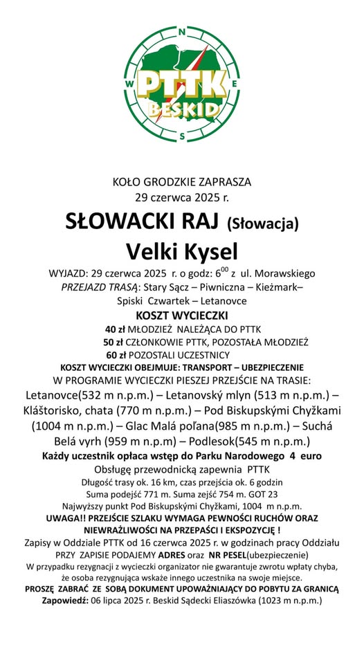 Wycieczka Słowacki Raj ( Słowacja Velki Kysel