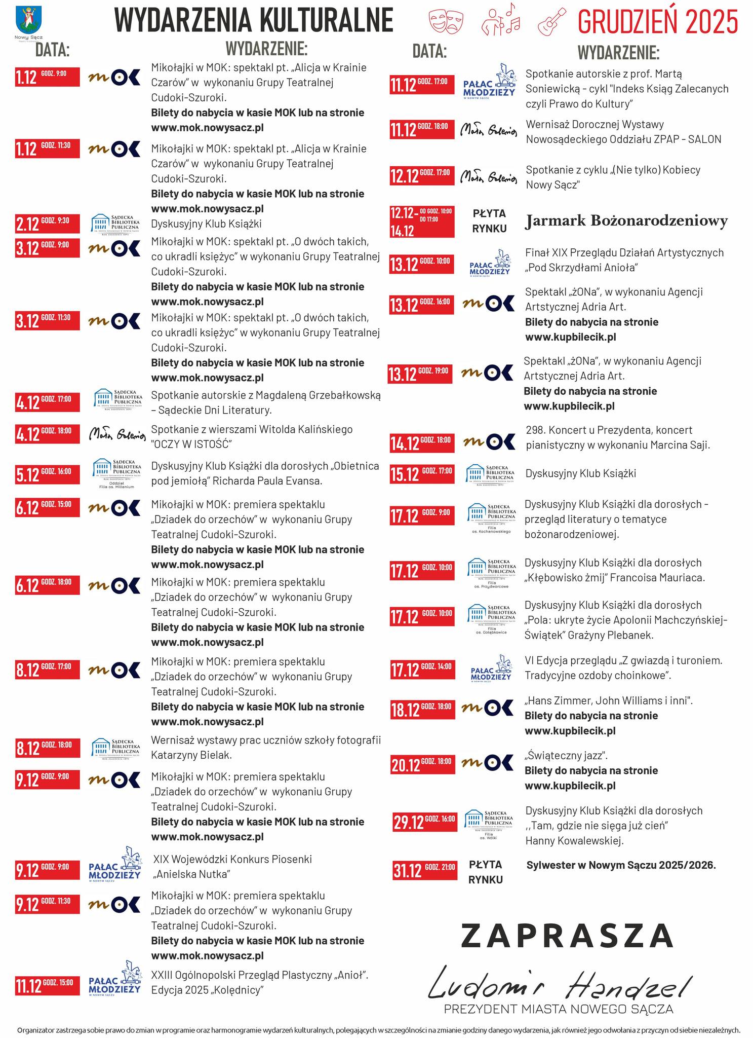 Wydarzenia kulturalne w Nowym Sączu -grudzień 2025r