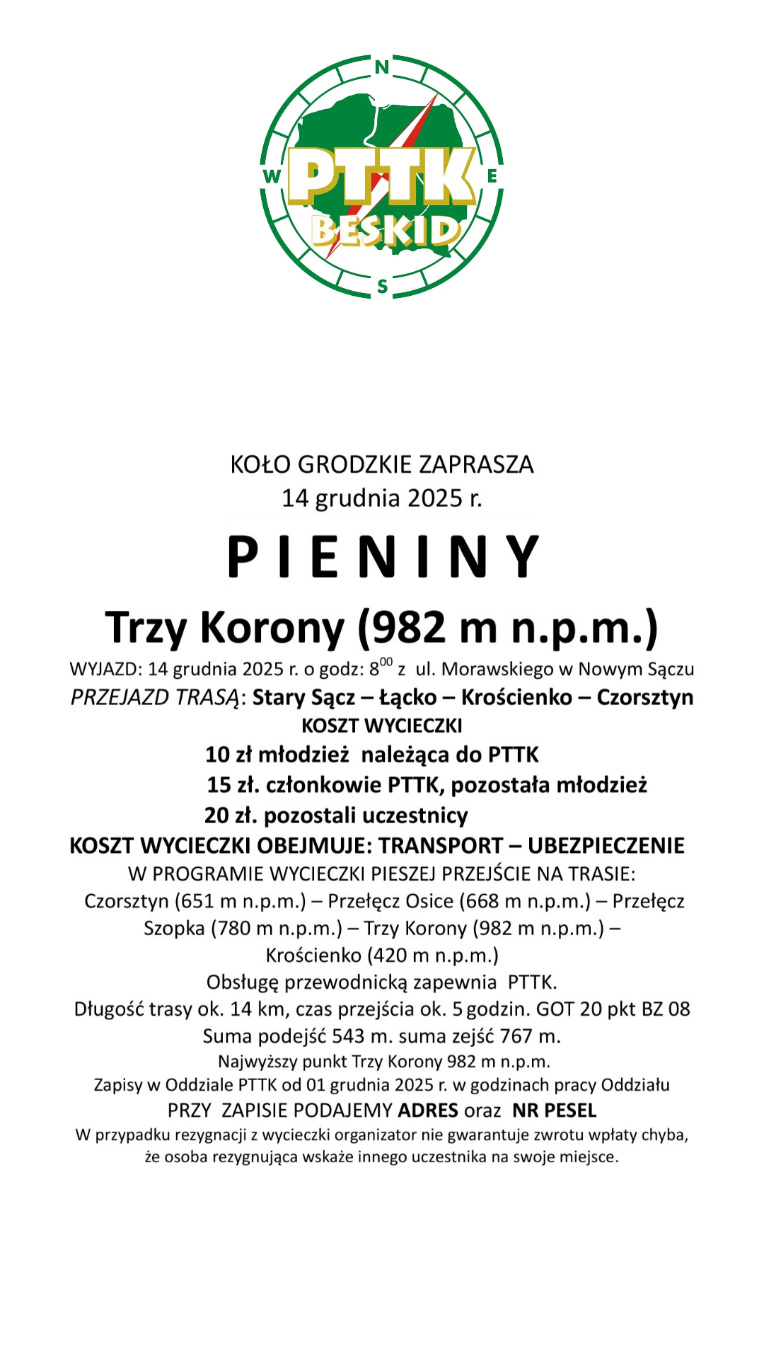 Wycieczka - Pieniny Trzy Korony ( 982 m.n.p.m)