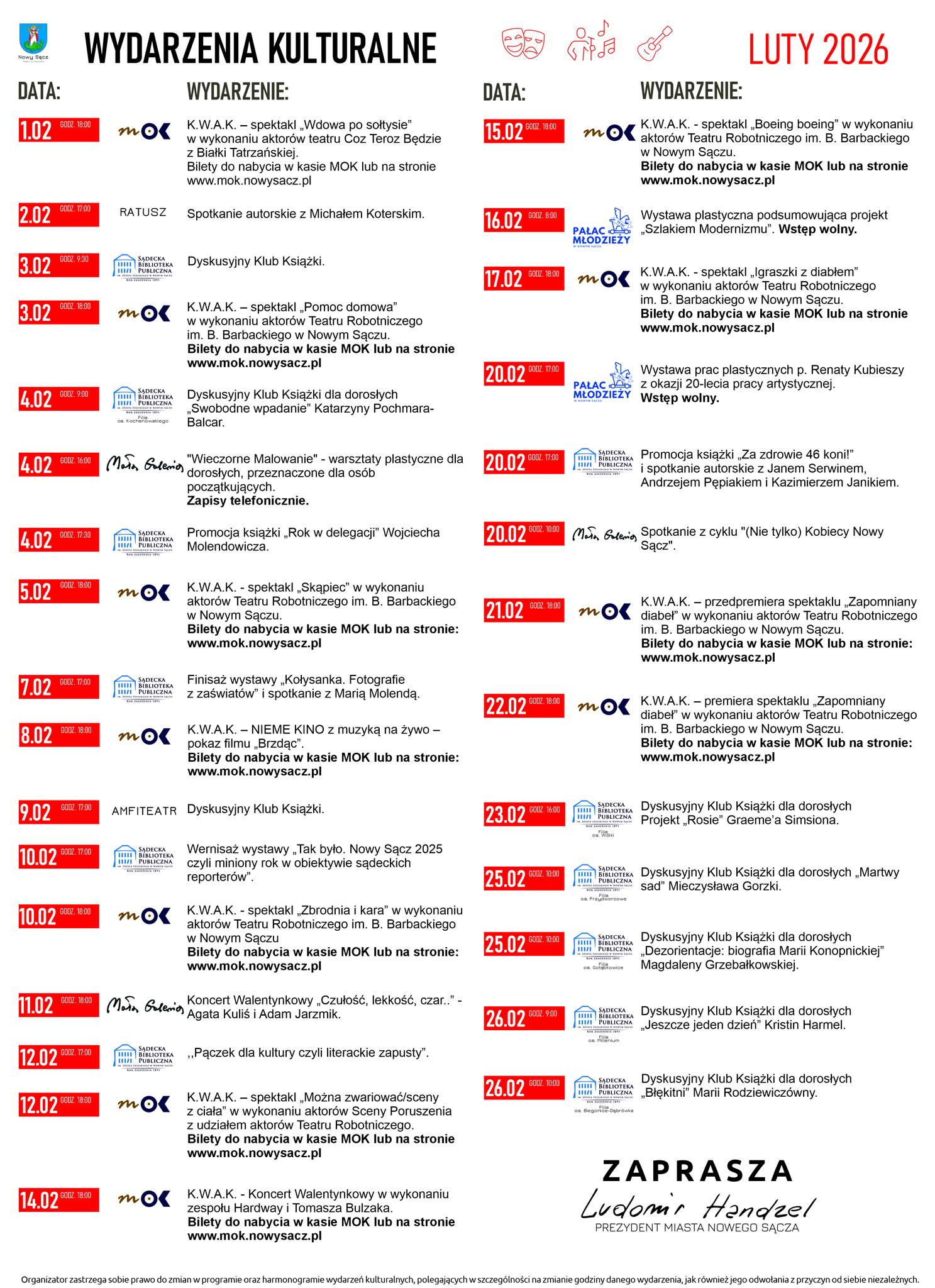 Wydarzenia kulturalne w Nowym Sączu - luty 2026r